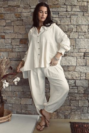 Annie Cushion Cotton Cuff Barrel Pant Panna Cotta